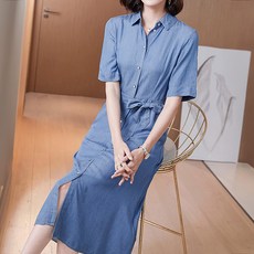 퀸이즈 여성용 카라넥 빈티지 데님 원피스