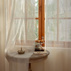 G&Y 針織感圖案穿孔式圓形蕾絲窗簾 2入, 象牙白