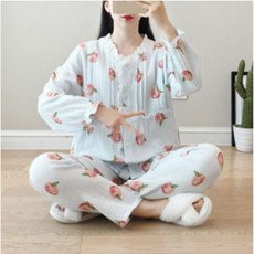 Get It Blue 女款春秋季蜜桃蕾絲長袖哺乳孕婦睡衣套裝