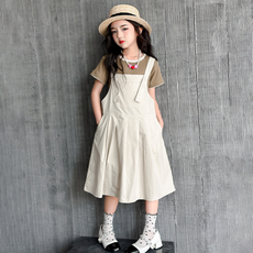 오렌지다몸 여아용 골지 투톤 반팔 플리츠 멜빵 치마 세트