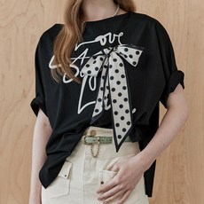 MAXZA 마쟈 여성용 도트 리본 레터링 보트넥 루즈핏 티셔츠