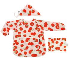 bebe chouette 孩童印花長袖美術圍裙+頭巾+伸縮扣+收納袋, 番茄款
