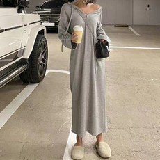 패션나비 섹시하고 편안한 미시룩 스타일 긴팔 후드 롱 임산부 원피스