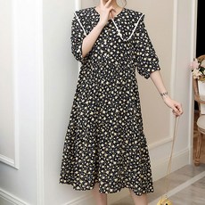 MeiChel 大尺碼有領寬鬆雪紡連衣裙, 花