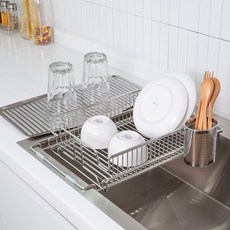 4BNK 無研磨劑 全不鏽鋼304 2合1 伸縮碗盤瀝水架, 銀色, 1個, 1層