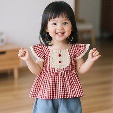 MK 女童紅色格紋無袖荷葉邊上衣