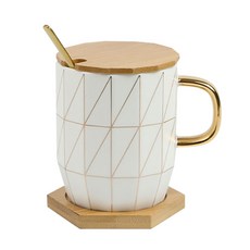 BELLE design 歐式金色蓋子精美馬克杯組 350ml, 方形木質, 1套