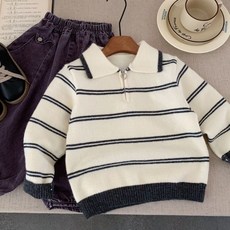 EYOUMONG 兒童寬鬆版翻領條紋圖案半拉鍊長袖針織衫 E5W101