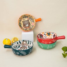 인블룸 노르딕 세라믹 손잡이 플레이팅 그릇 4종 세트, 그린 토끼, 네이비 사슴, 레드 여우, 오렌지 곰, 1세트