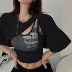 Theflow commerce 女款重點不對稱層次鏤空短版T恤