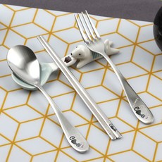 DM KOREA 不鏽鋼貓咪印花兒童湯匙+叉子+筷子, 混色, 湯匙+筷子+叉子, 1組