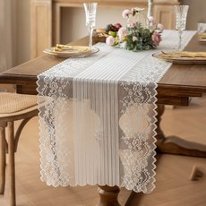 韓國 GNY 圓點線條花朵刺繡蕾絲桌旗, 白色, 1個