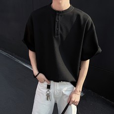Starbean 男士鈕扣亮點寬鬆華夫格短袖T恤