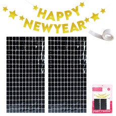 PARTYSHOW 新年快樂掛旗 高級款 金色 + 黑色窗簾塊 2入 + 點膠組, 1套, 混合顏色