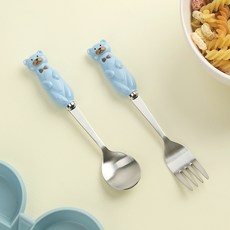BOGEN 韓國製 兒童用 Cocomie 小熊湯匙叉子組, 天藍色, 湯匙 + 叉子