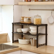 saenghwalbaekgwa 韓國製造 水槽下長度可調式水槽下櫃收納廚房層架 2層, 黑色