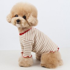 Grooming Dog 寵物時尚紅色蝴蝶結條紋T恤, BEIGE, 1個