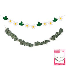 PARTYSHOW 尤加利葉圓葉花環 2m + 雛菊花朵花環套組, 1套, 混合色
