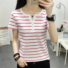 모네타 여성용 스트라이프 브이넥라인 반팔 티셔츠