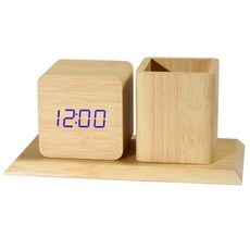 쿼르디 탁상시계 연필꽂이 베이지우드, 블루 라이트