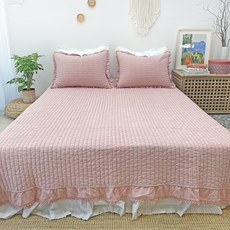 Nouble 鉤針蕾絲顏料染色60支純棉條紋絎縫床罩, 粉紅色