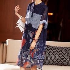 ATTERLIC 水彩印花長版罩衫洋裝 00134 含大尺碼, 海軍藍