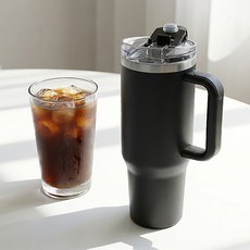 KAZT 大容量手柄保溫保冷不鏽鋼隨行杯, 黑色, 1個, 1200ml