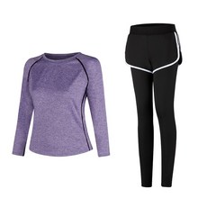 女款時尚瑜伽長袖T恤 紫色+短褲內搭褲組