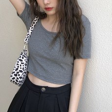 여성용 데일리 슬림핏 더블 U넥 크롭 반팔 티셔츠