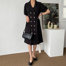 MeiChel 雙排扣短袖長版連衣裙, 黑色的