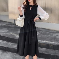 Elsso 蝴蝶結腰帶雪紡撞色連身裙 含大尺碼, 黑色