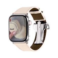 케이안 애플워치 호환 가죽 디버클 스트랩 밴드, 크림
