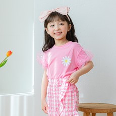 Lala Amang 女童款小花格紋網紗短袖T恤