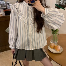 마켓에이 여성용 러플 슬리브 헨리넥 셔츠