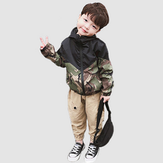 孩童撞色迷彩連帽拉鍊外套