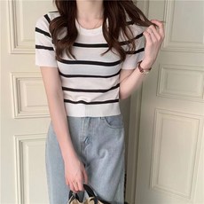 구디프 여성용 쿨 스트라이프 반팔 라이트 니트 티셔츠