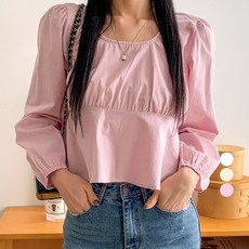 플랜데이 여성용 데일리 심플 코튼 퍼프 셔링 크롭 블라우스