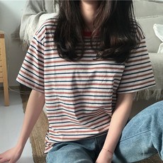 묘먀미 여성용 빈티지 스트라이프 반팔 티셔츠 MMM313