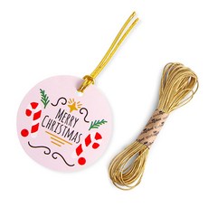 indi.k 聖誕櫻桃口味拐杖糖圓形吊牌 100入 + 沙金色金線套組, 混合色, 1套
