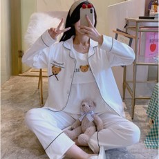 女款個性藍時尚三件式純棉長袖哺乳孕婦睡衣上下套裝