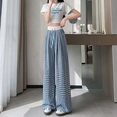 여성용 패션플로우 편안한 하이웨스트 일자핏 체크 긴바지