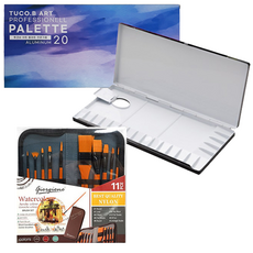 TUCO.B 高級鋁製美術調色盤+水彩畫刷 10款+拉鍊袋組, 1組, 20格