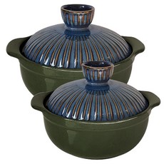 雙耳陶瓷砂鍋 軍綠色+流線設計鍋蓋 2入組, 1號(直徑15.3cm)+2號(17.0cm), 1組