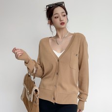 더시럽 여성용 얇은 브이넥 원포켓 니트 가디건