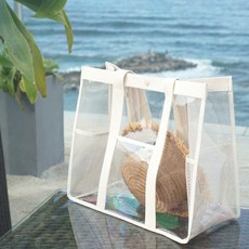 透明高爾夫球鞋袋 大容量托特包 透明袋 按扣款, 1個, 透明 + 象牙白