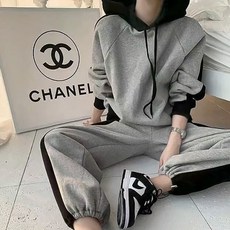 FASHIONFULL 女拼色起絨內襯連帽T恤+束帶褲套裝29058