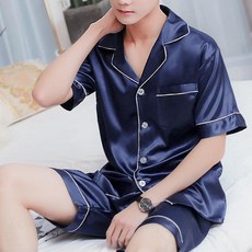 男款絲質短袖睡衣上下套裝