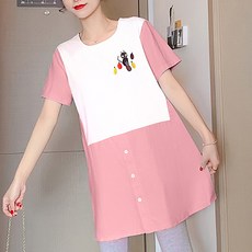 캣츠 배색 단추 썸머 임산부 반소매 미니 원피스