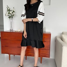 MeiChel 大尺碼線條印花5分袖連衣裙, 黑色