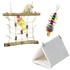 리프패럿 錐尾鸚鵡 和尚鸚鵡 牡丹鸚鵡 中型床 + 繩索攀爬玩具 + 彩虹花園5號套組, 格紋藍色(床), 1套